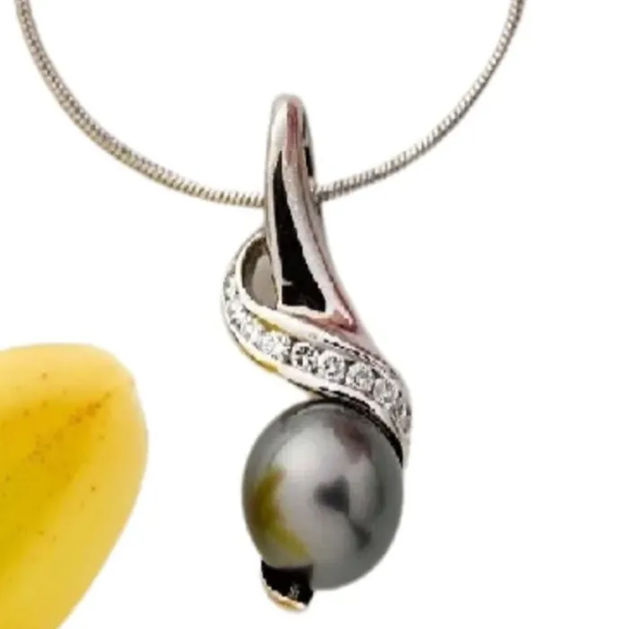 14K Gold Tahitian Black Pearl Pendant with Diamond or Cubic Zirconia Island Fine Jewelry Necklaces