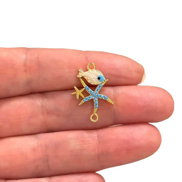 24Kt Gold Plated CZ Micro Pave StarFish Connector Charm Peppy Beads Earrings