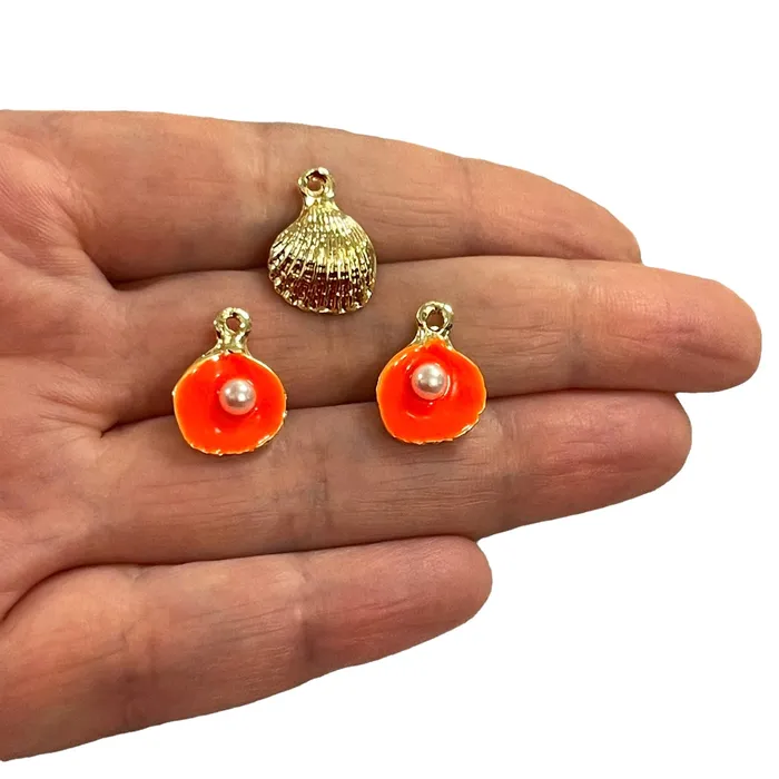 24Kt Gold Plated Neon Orange Enamelled Oyster Charms With Pearl 3 pcs in a pack Peppy Beads Earrings 24Kt Gold Plated Neon Orange Enamelled Oyster Charms With Pearl 3 pcs in a pack Peppy Beads Earrings