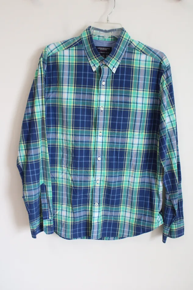 American Eagle Rings American Eagle Athletic Fit Blue Green Plaid Button Down Shirt L