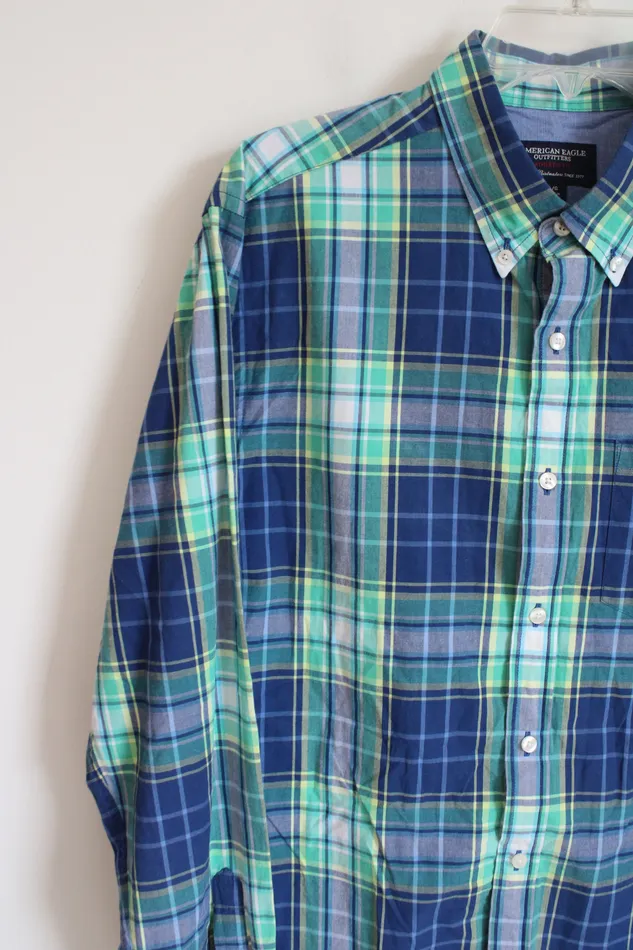 American Eagle Rings American Eagle Athletic Fit Blue Green Plaid Button Down Shirt L