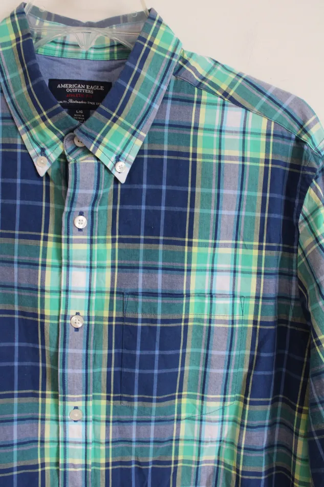 American Eagle Rings American Eagle Athletic Fit Blue Green Plaid Button Down Shirt L