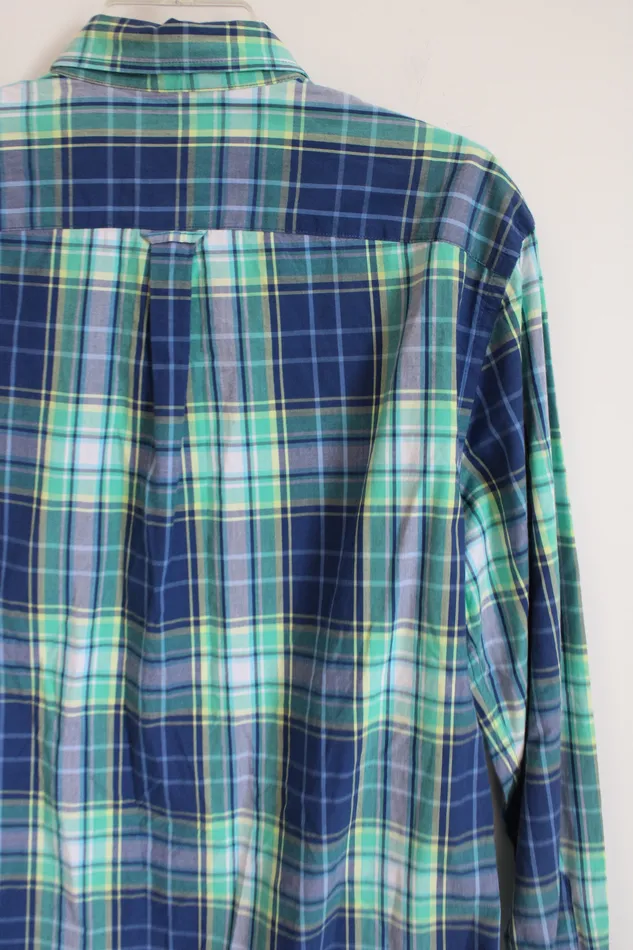 American Eagle Rings American Eagle Athletic Fit Blue Green Plaid Button Down Shirt L