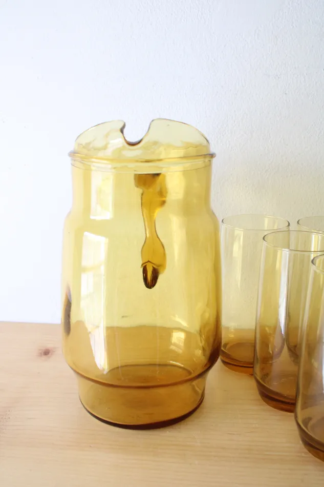 Anchor Hocking Earrings Anchor Hocking Yellow Glass Pitcher Glasses Set Of 7