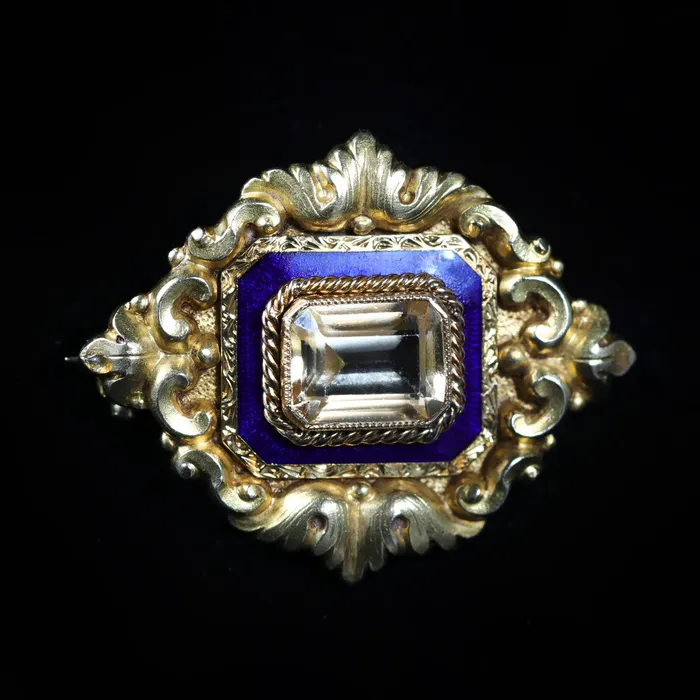 Art Nouveau 18K Yellow Gold 150 Carat Citrine and Blue Enamel Brooch Dover Jewelry Diamonds Earrings Art Nouveau 18K Yellow Gold 150 Carat Citrine and Blue Enamel Brooch Dover Jewelry Diamonds Earrings