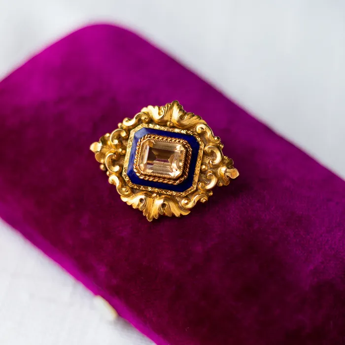 Art Nouveau 18K Yellow Gold 150 Carat Citrine and Blue Enamel Brooch Dover Jewelry Diamonds Earrings