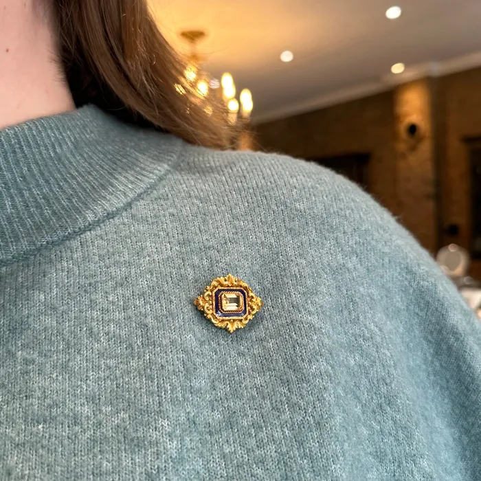 Art Nouveau 18K Yellow Gold 150 Carat Citrine and Blue Enamel Brooch Dover Jewelry Diamonds Earrings