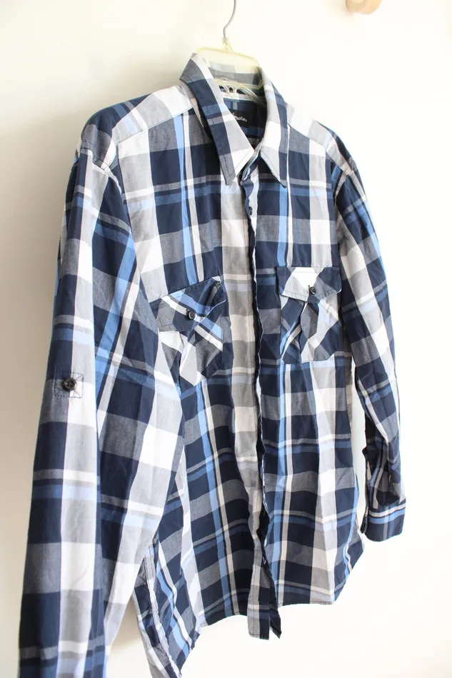 Beverly Hills Polo Club Beverly Hills Polo Club Blue White Plaid Button Down Shirt L Rings Beverly Hills Polo Club Beverly Hills Polo Club Blue White Plaid Button Down Shirt L Rings