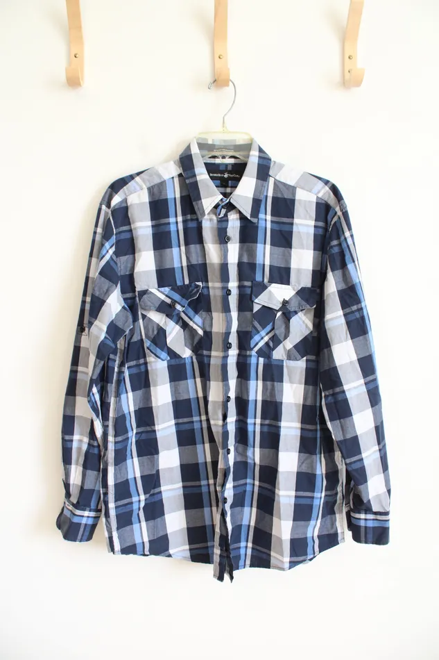 Beverly Hills Polo Club Beverly Hills Polo Club Blue White Plaid Button Down Shirt L Rings