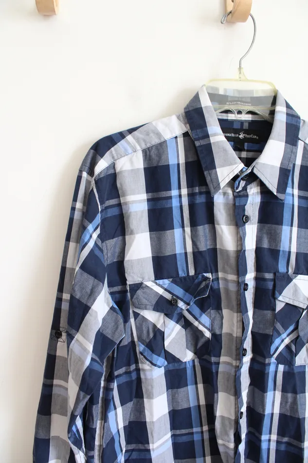 Beverly Hills Polo Club Beverly Hills Polo Club Blue White Plaid Button Down Shirt L Rings