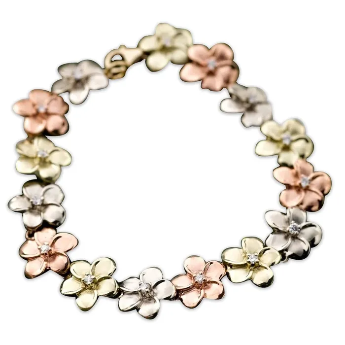 Bracelets Tricolor 14K Gold Plumeria Bracelet with Diamonds or Cubic Zirconia Island Fine Jewelry