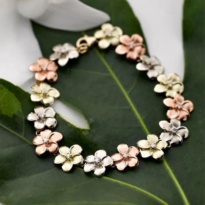Bracelets Tricolor 14K Gold Plumeria Bracelet with Diamonds or Cubic Zirconia Island Fine Jewelry