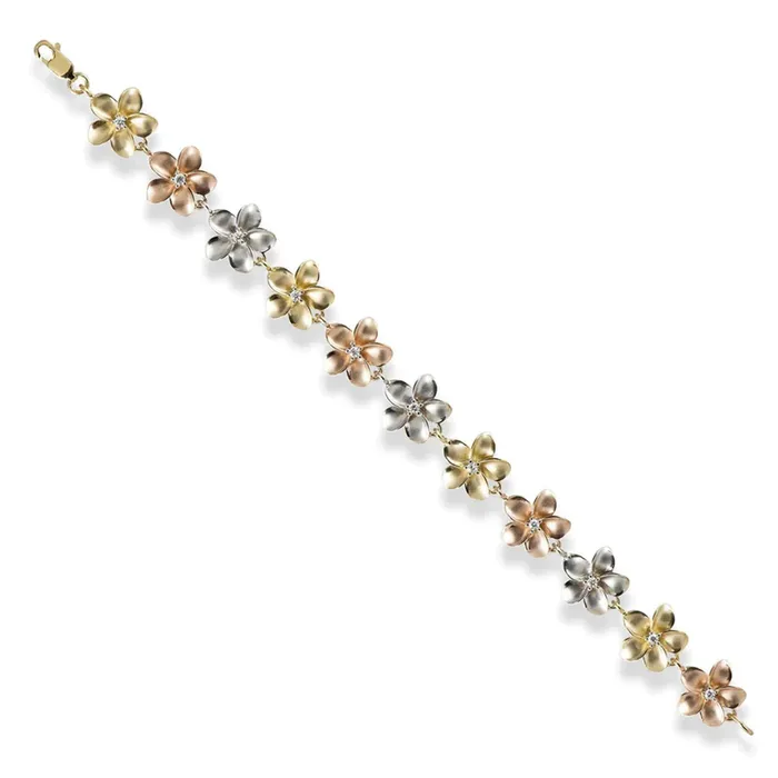 Bracelets Tricolor 14K Gold Plumeria Bracelet with Diamonds or Cubic Zirconia Island Fine Jewelry