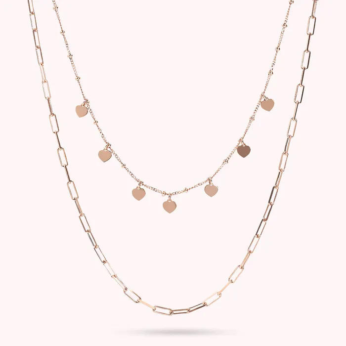 Bronzallure Earrings Collana Multifilo Catena Forzatina e Rosario con Charms Cuore