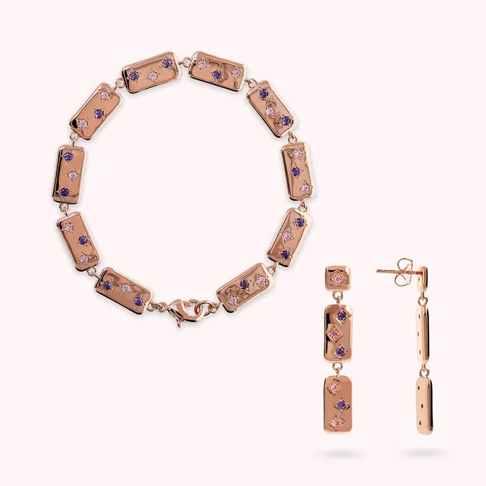Bronzallure Earrings Set Bracciale e Orecchini Pendenti con Elementi Rettangolari e Cubic Zirconia Viola e Rosa