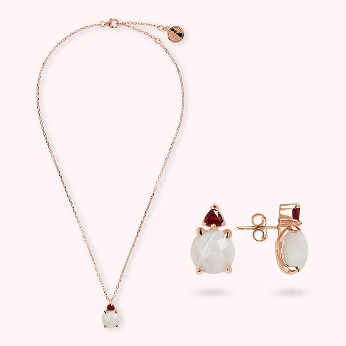 Bronzallure Earrings Set Collana e Orecchini con Agata Bianca e Cuore in Cubic Zirconia Rosse