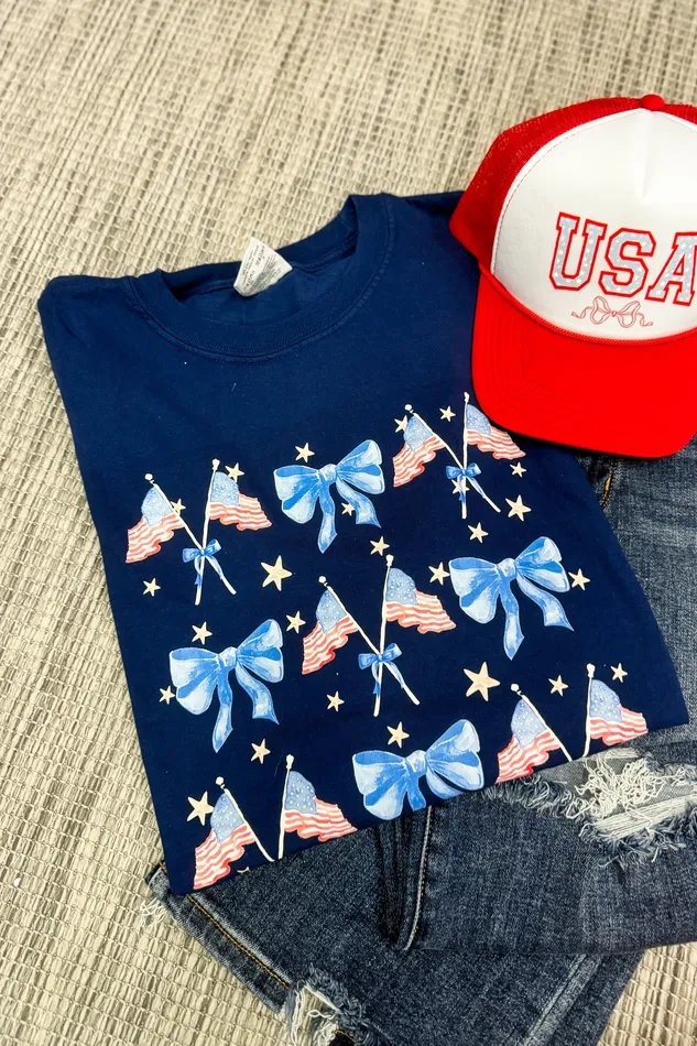 Coquette Bow Flag Pattern Graphic Tee True Navy JL Franklins Rings
