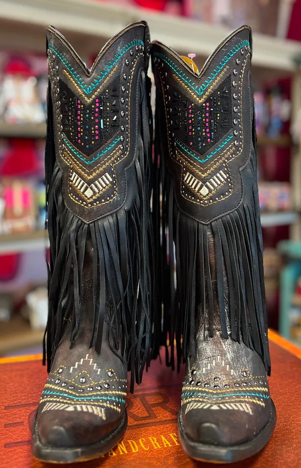 CORRAL Necklaces CORRAL WOMENS BLACK EMBROIDERY CRYSTALS AND LAMB FRINGE WESTERN BOOTS C4078 CORRAL Necklaces CORRAL WOMENS BLACK EMBROIDERY CRYSTALS AND LAMB FRINGE WESTERN BOOTS C4078
