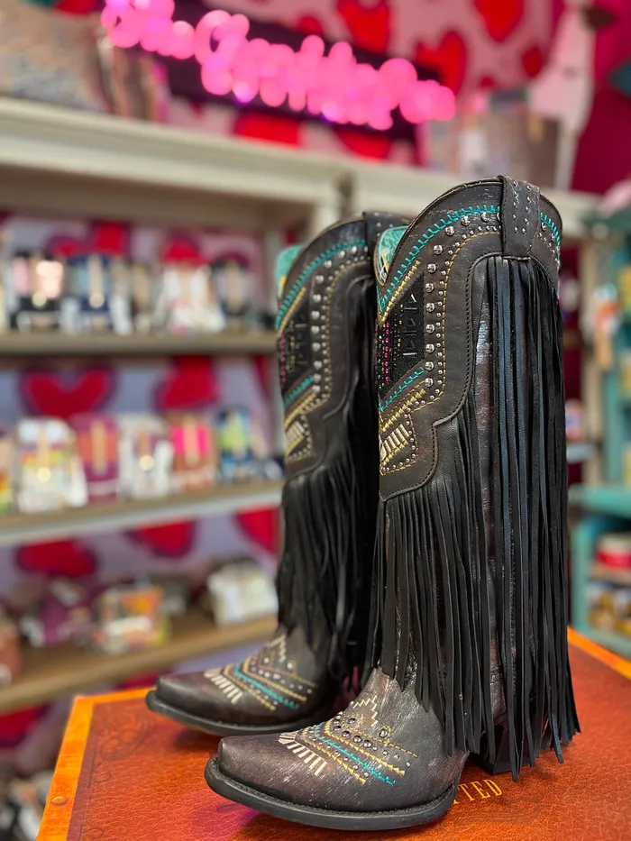 CORRAL Necklaces CORRAL WOMENS BLACK EMBROIDERY CRYSTALS AND LAMB FRINGE WESTERN BOOTS C4078