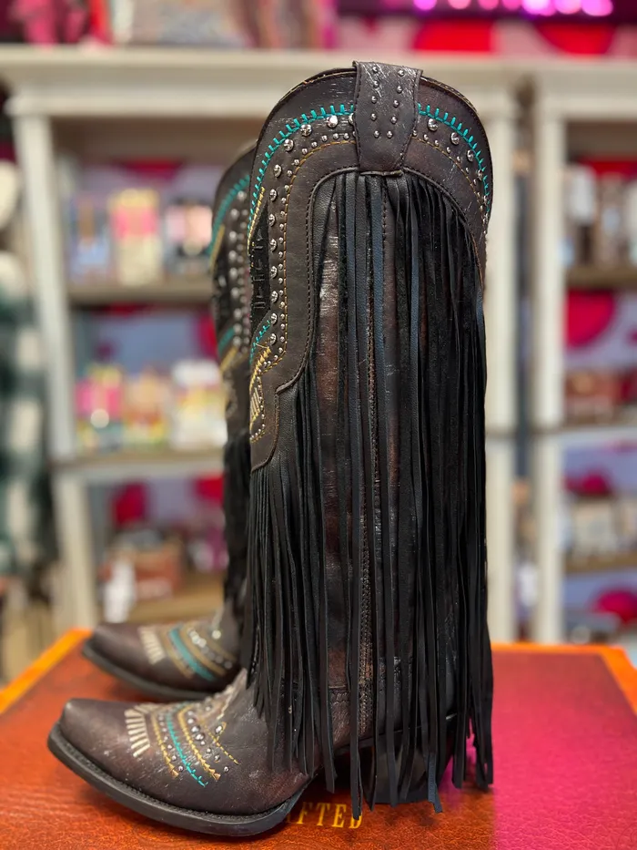 CORRAL Necklaces CORRAL WOMENS BLACK EMBROIDERY CRYSTALS AND LAMB FRINGE WESTERN BOOTS C4078