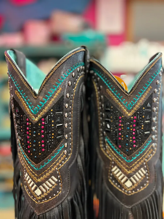 CORRAL Necklaces CORRAL WOMENS BLACK EMBROIDERY CRYSTALS AND LAMB FRINGE WESTERN BOOTS C4078