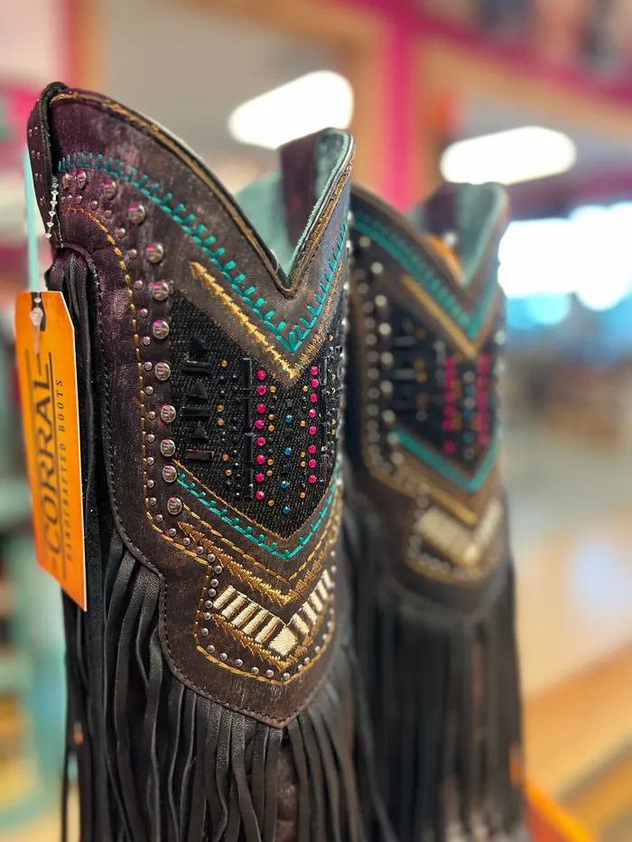 CORRAL Necklaces CORRAL WOMENS BLACK EMBROIDERY CRYSTALS AND LAMB FRINGE WESTERN BOOTS C4078