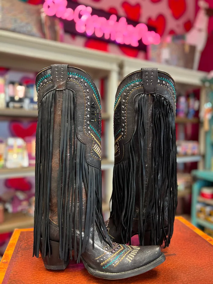 CORRAL Necklaces CORRAL WOMENS BLACK EMBROIDERY CRYSTALS AND LAMB FRINGE WESTERN BOOTS C4078