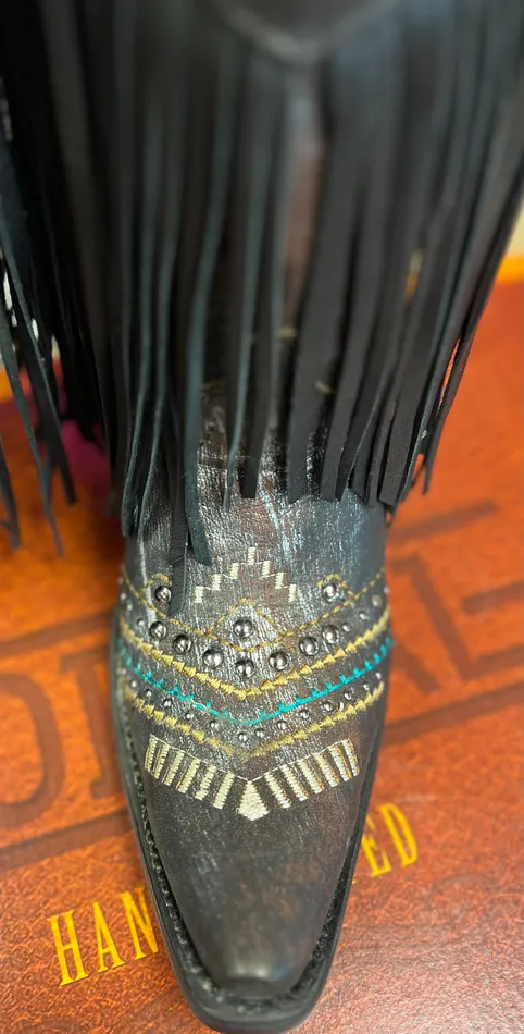 CORRAL Necklaces CORRAL WOMENS BLACK EMBROIDERY CRYSTALS AND LAMB FRINGE WESTERN BOOTS C4078