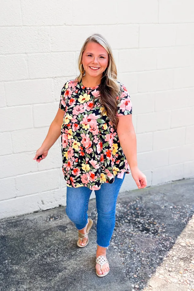 Cream N Sugar Floral Happiness Babydoll Top Black Rings
