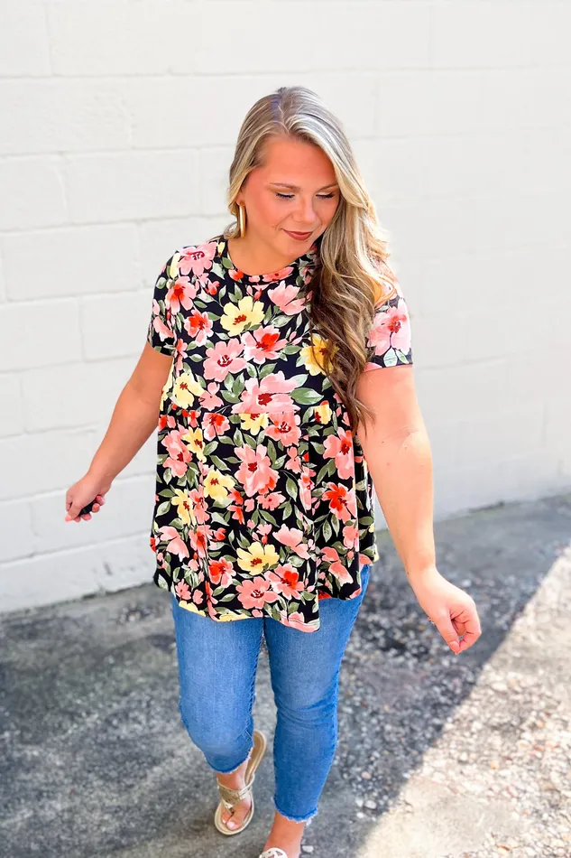 Cream N Sugar Floral Happiness Babydoll Top Black Rings