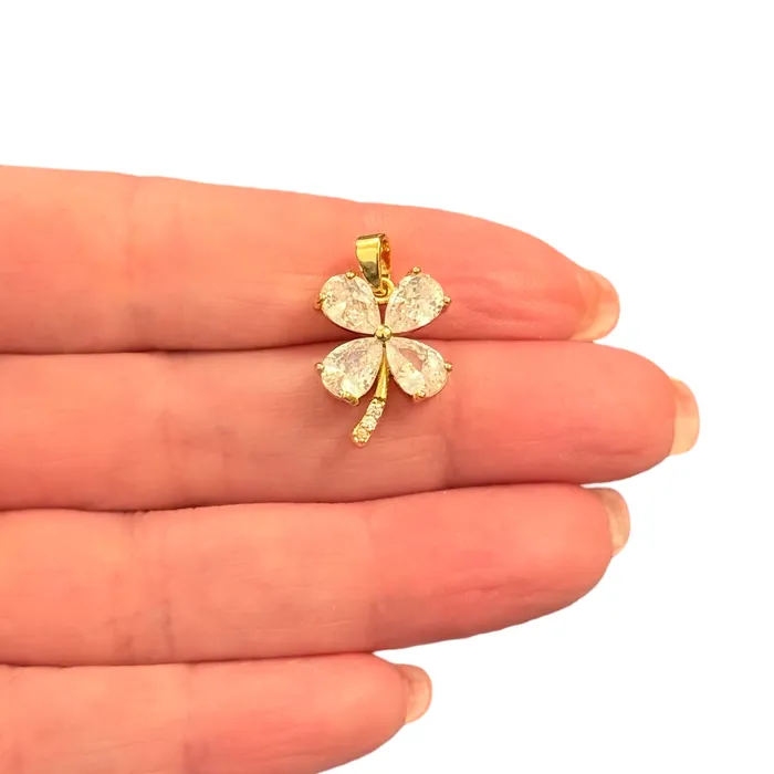 CZ 4Leaf Clover Charm Waterproof 24Kt Gold Plated Stainless Steel CZ Pendant Peppy Beads Necklaces