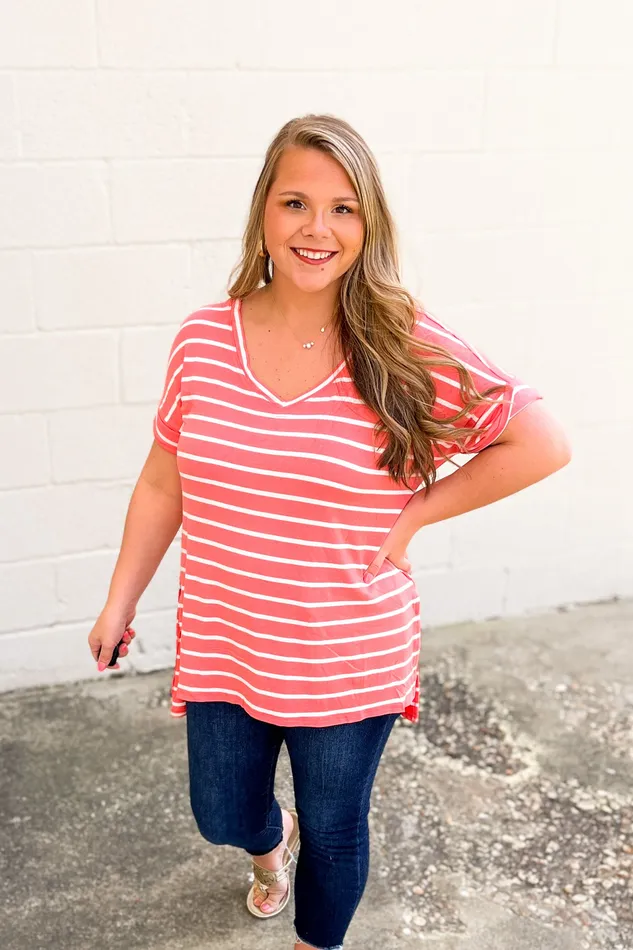 DEAL Shannon Striped Top Deep Coral Zenana Earrings