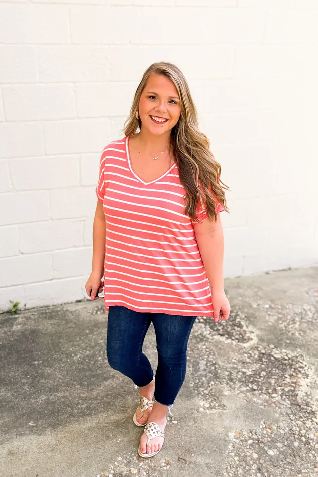 DEAL Shannon Striped Top Deep Coral Zenana Earrings