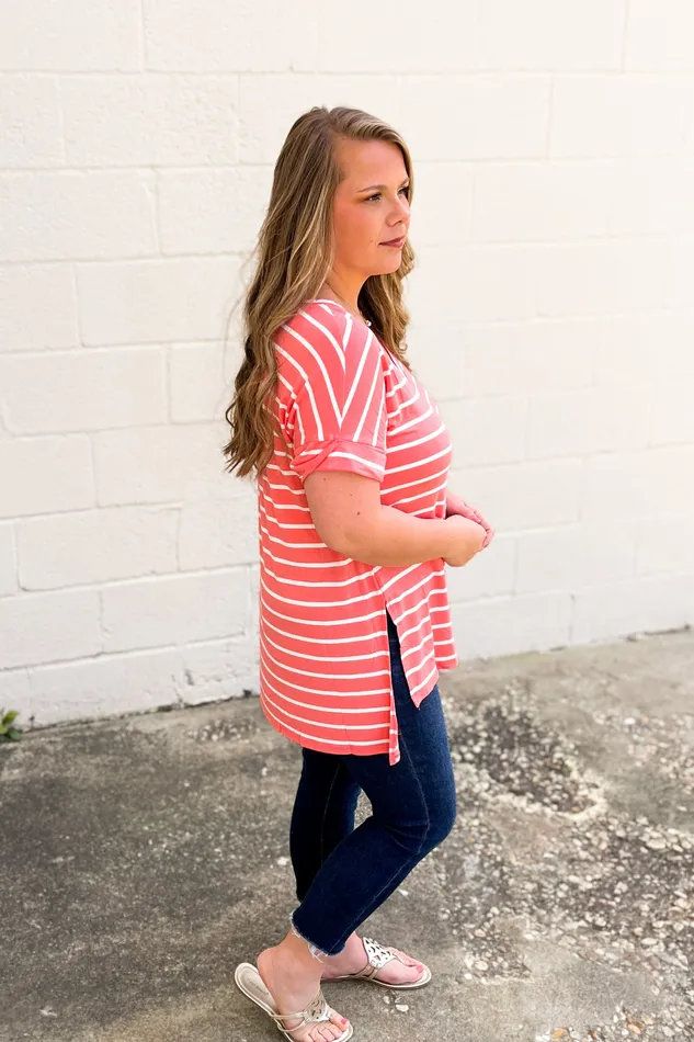 DEAL Shannon Striped Top Deep Coral Zenana Earrings