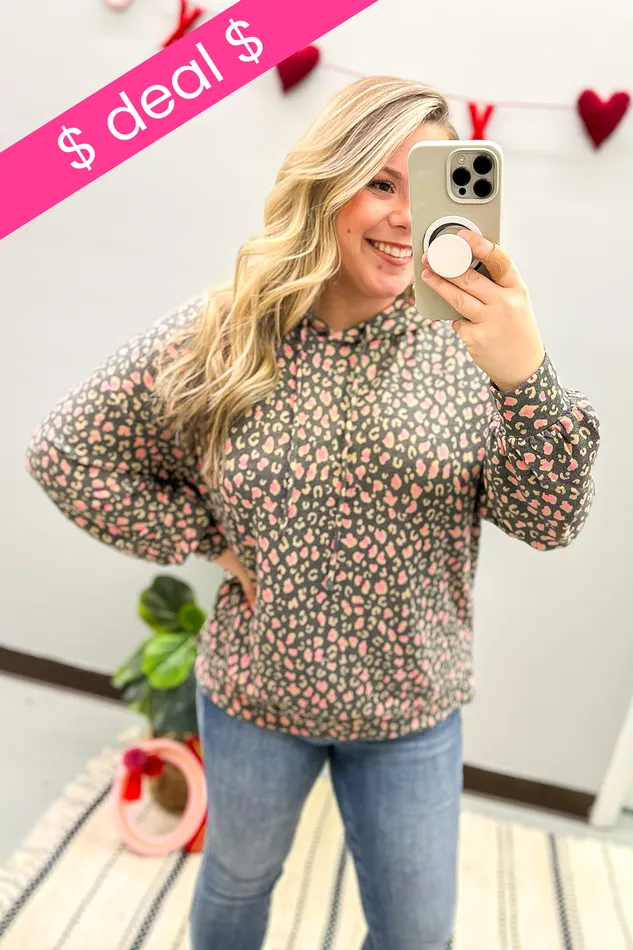 Dear Scarlett Necklaces Charcoal and Pink Micro Leopard Print Hoodie Top