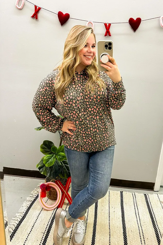 Dear Scarlett Necklaces Charcoal and Pink Micro Leopard Print Hoodie Top