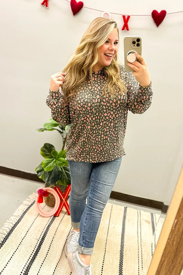 Dear Scarlett Necklaces Charcoal and Pink Micro Leopard Print Hoodie Top