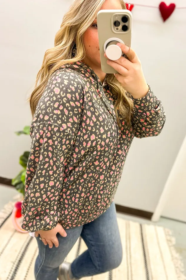 Dear Scarlett Necklaces Charcoal and Pink Micro Leopard Print Hoodie Top