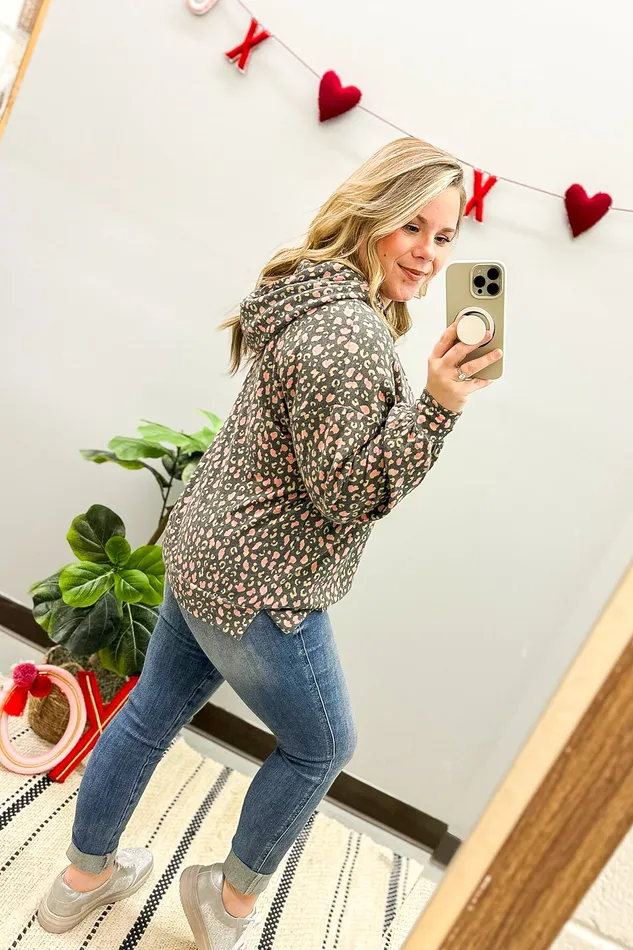 Dear Scarlett Necklaces Charcoal and Pink Micro Leopard Print Hoodie Top