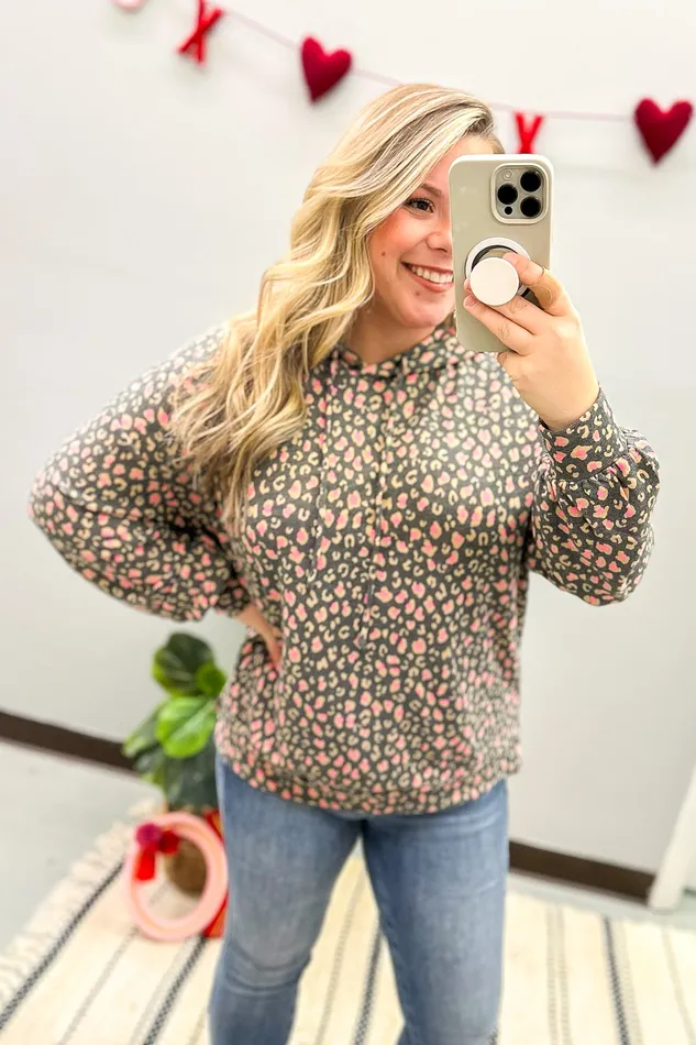Dear Scarlett Necklaces Charcoal and Pink Micro Leopard Print Hoodie Top