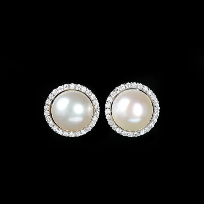 Diamond South Earrings 14K White Gold Pearl and Diamond Halo Stud Earrings