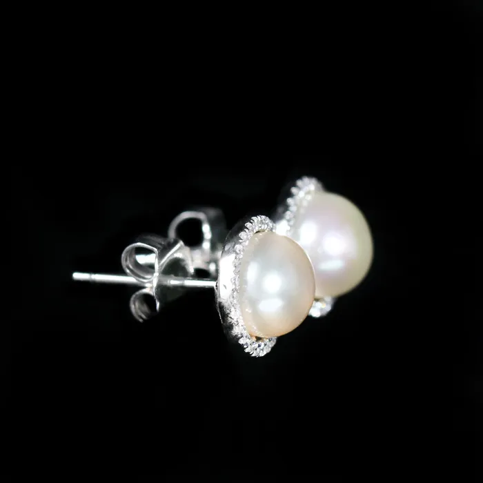Diamond South Earrings 14K White Gold Pearl and Diamond Halo Stud Earrings