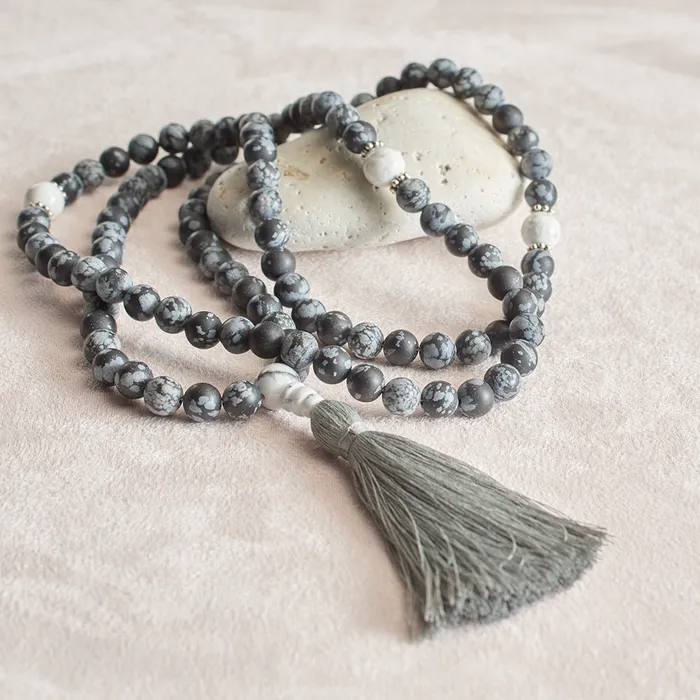 Drukomalas Necklaces Matte Snowflake Obsidian and Dragon Vein Agate Mala 108 beads