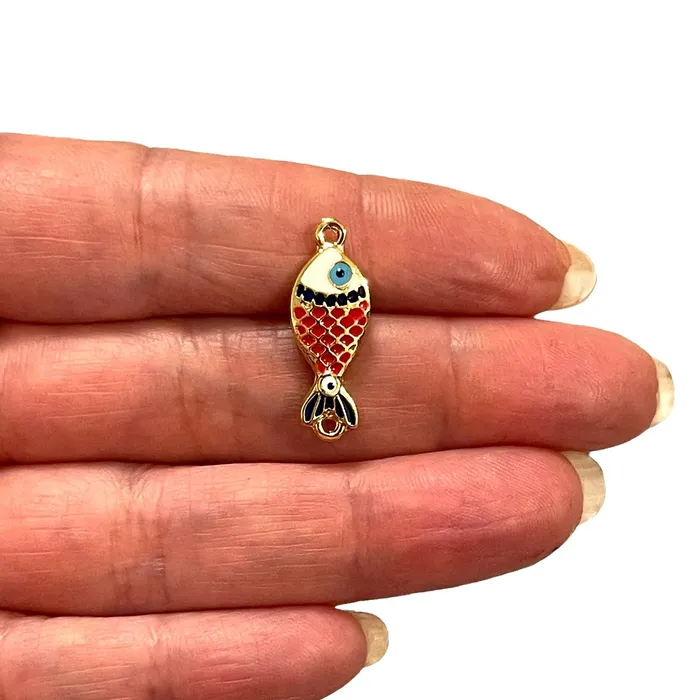 Earrings 24Kt Gold Plated Double Side Red Enamelled Fish Connector Charm Peppy Beads Earrings 24Kt Gold Plated Double Side Red Enamelled Fish Connector Charm Peppy Beads