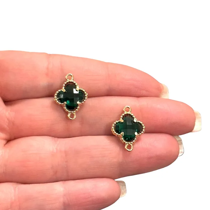 Earrings 24Kt Gold Plated Emerald Glass Clover Connector Charm 2 pcs in a pack Peppy Beads Earrings 24Kt Gold Plated Emerald Glass Clover Connector Charm 2 pcs in a pack Peppy Beads