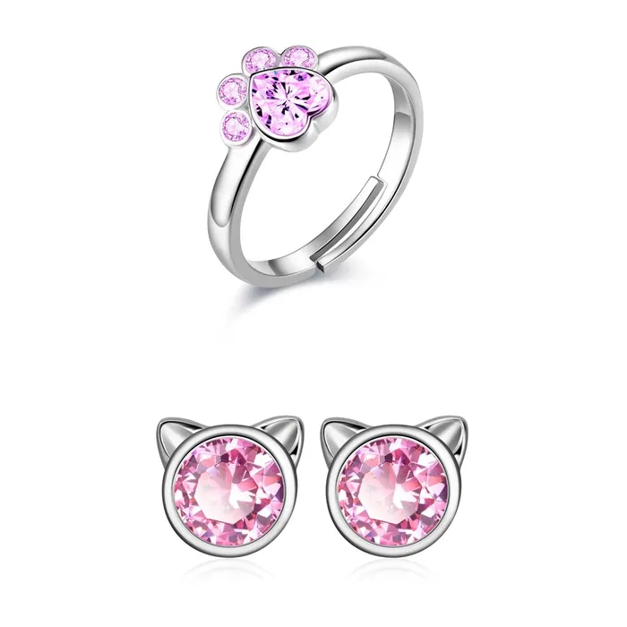 Earrings Anillo de plata y Aretes de plata con dije de Gato y Circonia Gold Shield
