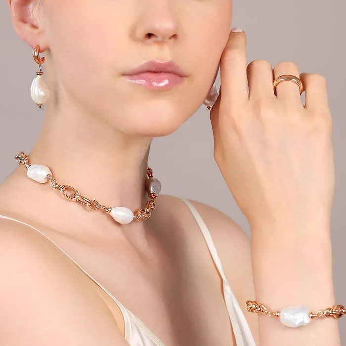 Earrings Bronzallure Collana Girocollo con Maglie Ovali Intrecciate e Perle Barocche Bianche dAcqua Dolce 1314 mm