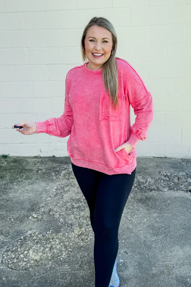 Earrings Chelsea Acid Wash Pullover Pocket Sweatshirt Fuchsia Zenana