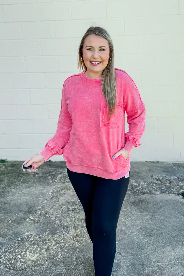 Earrings Chelsea Acid Wash Pullover Pocket Sweatshirt Fuchsia Zenana