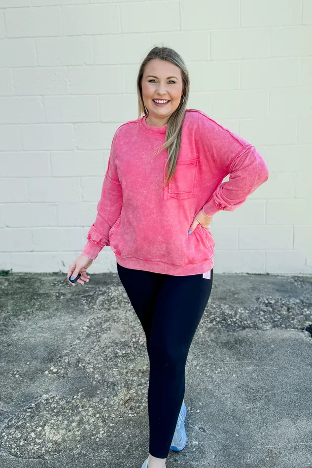 Earrings Chelsea Acid Wash Pullover Pocket Sweatshirt Fuchsia Zenana